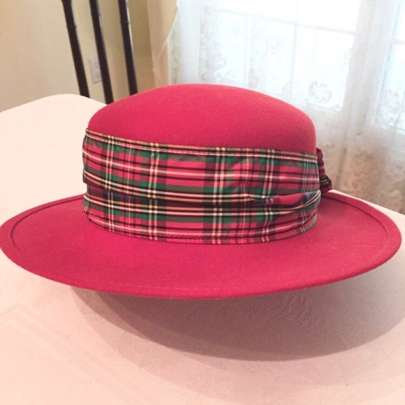 Vintage Red Felt Hat with Plaid Ribbon and Bow - Picture 3 of 4